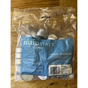 Mainstays Unscented Tea Light Candles 50 Pack White Wax Silver Metal 1735090